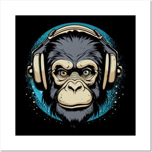Chimp with Headphone - For Musicians and Zoologists Posters and Art